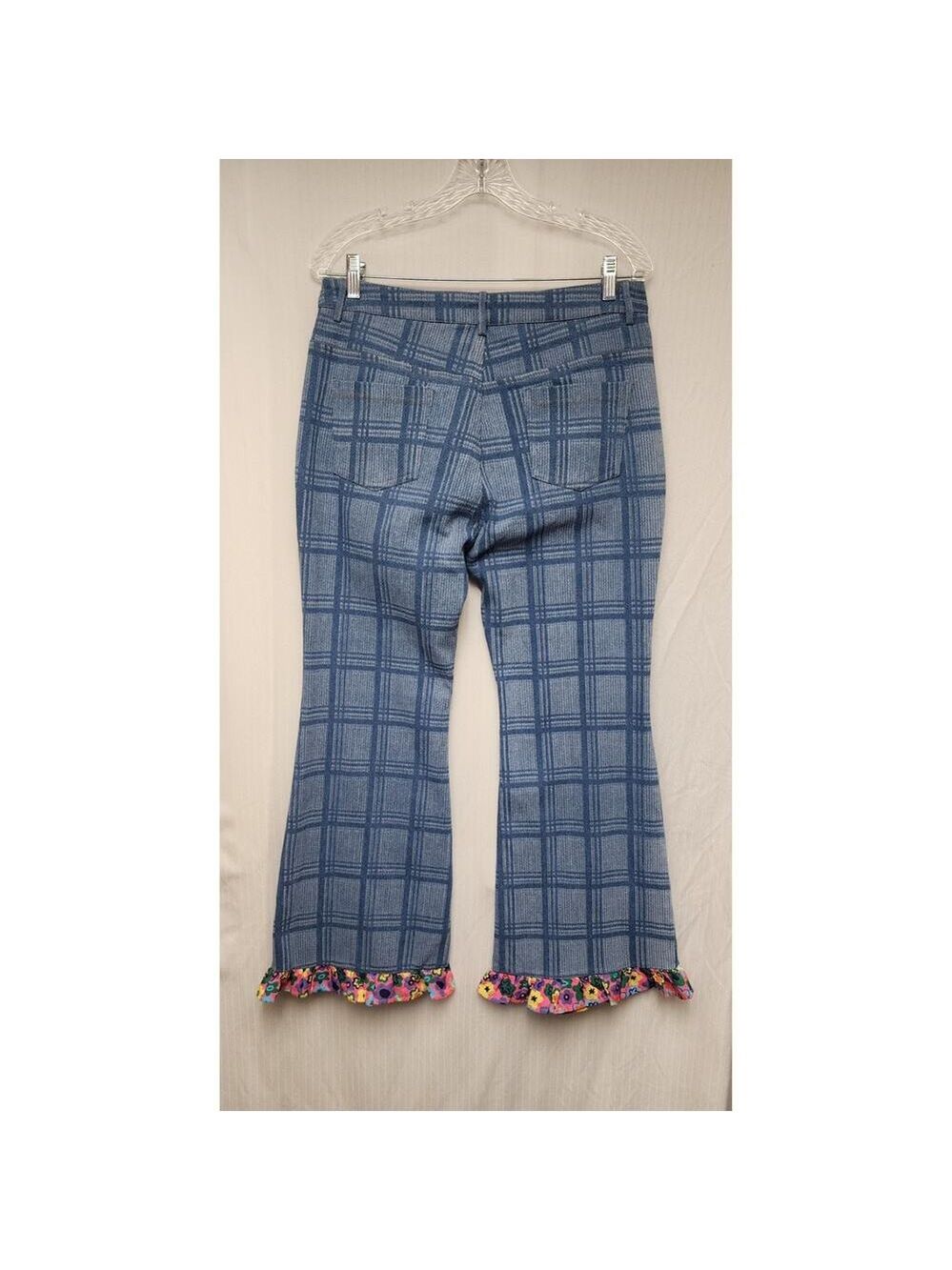 TNTNTUTU Women's Ruffled Splice Plaid Flared Pants Size XL Multicolor Blue - Picture 4 of 8